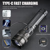 A tactical LED flashlight with an adjustable zoom lens is shown alongside various charging accessories like mobile, car, note