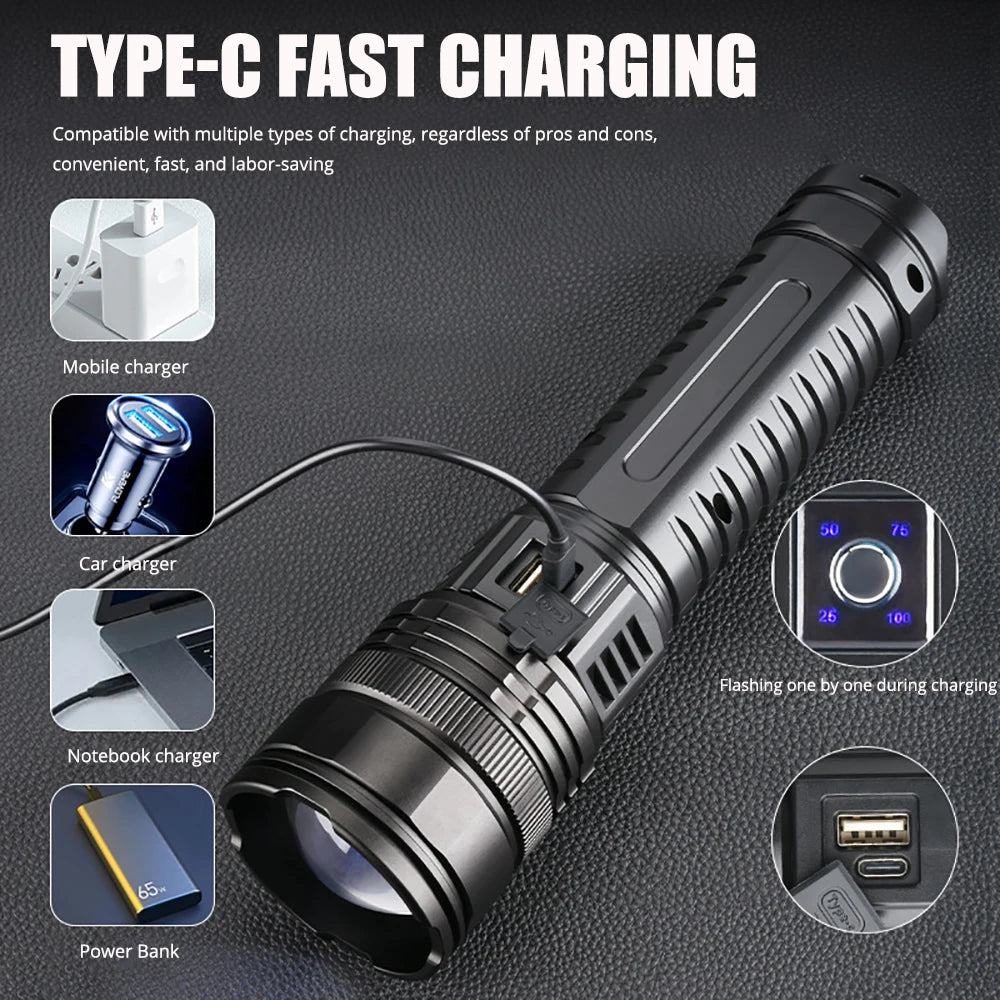 A tactical LED flashlight with an adjustable zoom lens is shown alongside various charging accessories like mobile, car, note