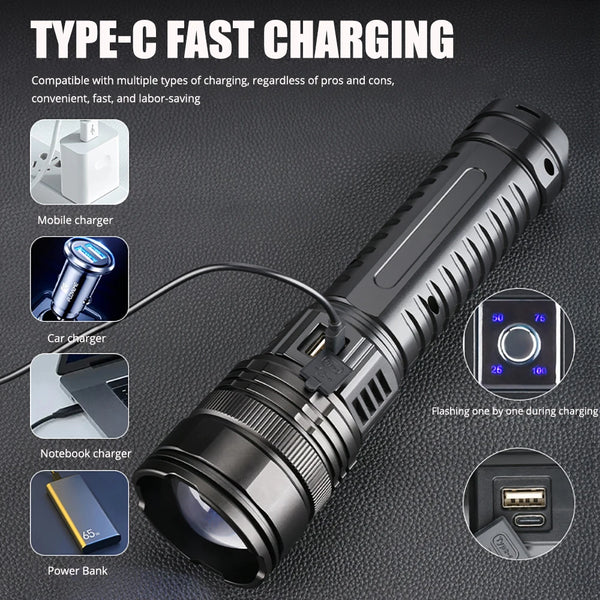 A tactical LED flashlight with an adjustable zoom lens is shown alongside various charging accessories like mobile, car, note