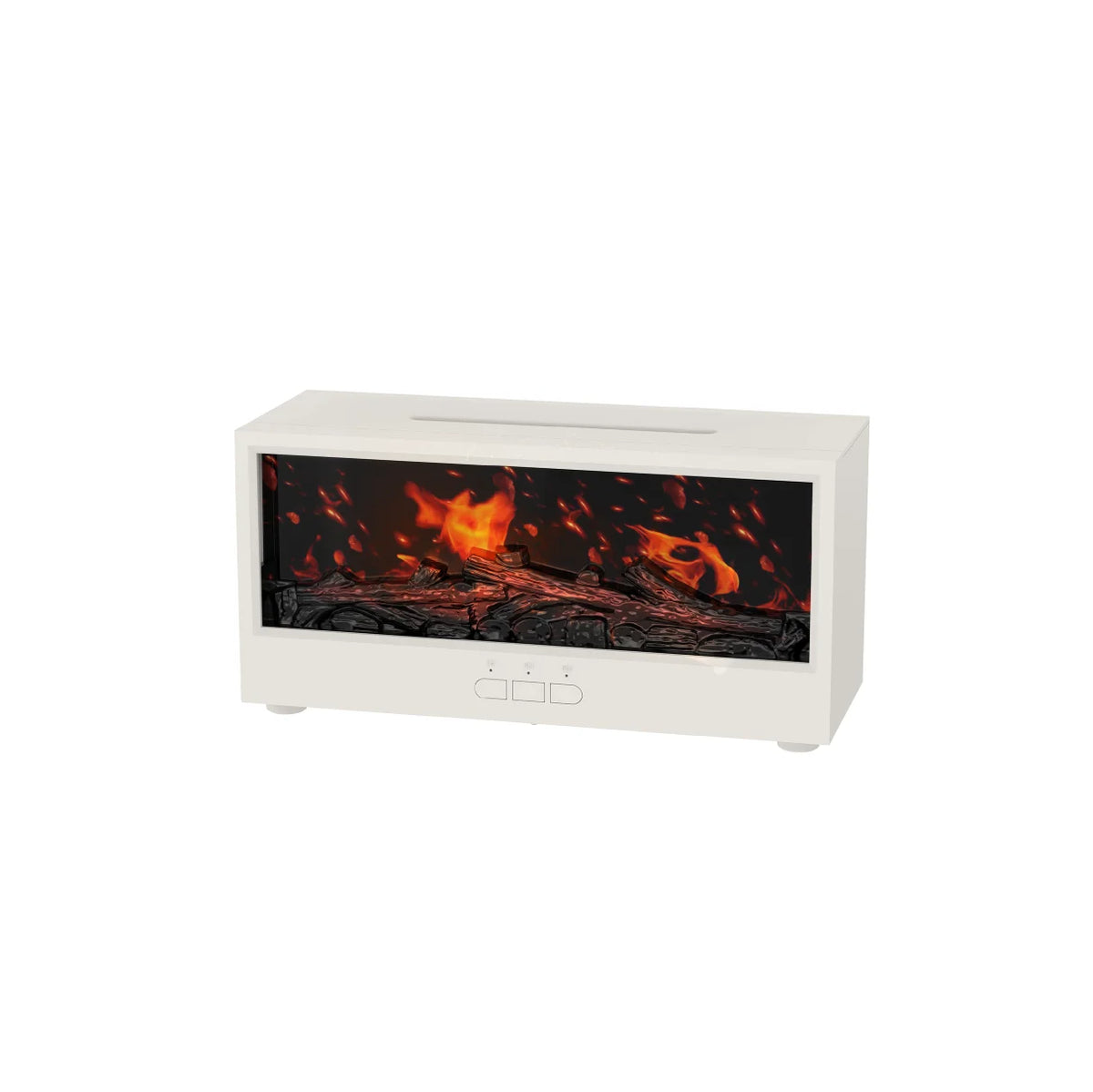 A white aroma essential oil diffuser with an LED light display and remote control.