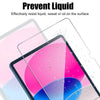 A close-up of a 9H tempered glass screen protector being applied to an iPad screen, showing liquid resistance features.