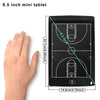 A hand is shown next to an 8.5 inch mini tablet displaying a basketball court diagram.