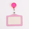 Pink PU leather retractable ID card holder with a pink reel and clear plastic badge case