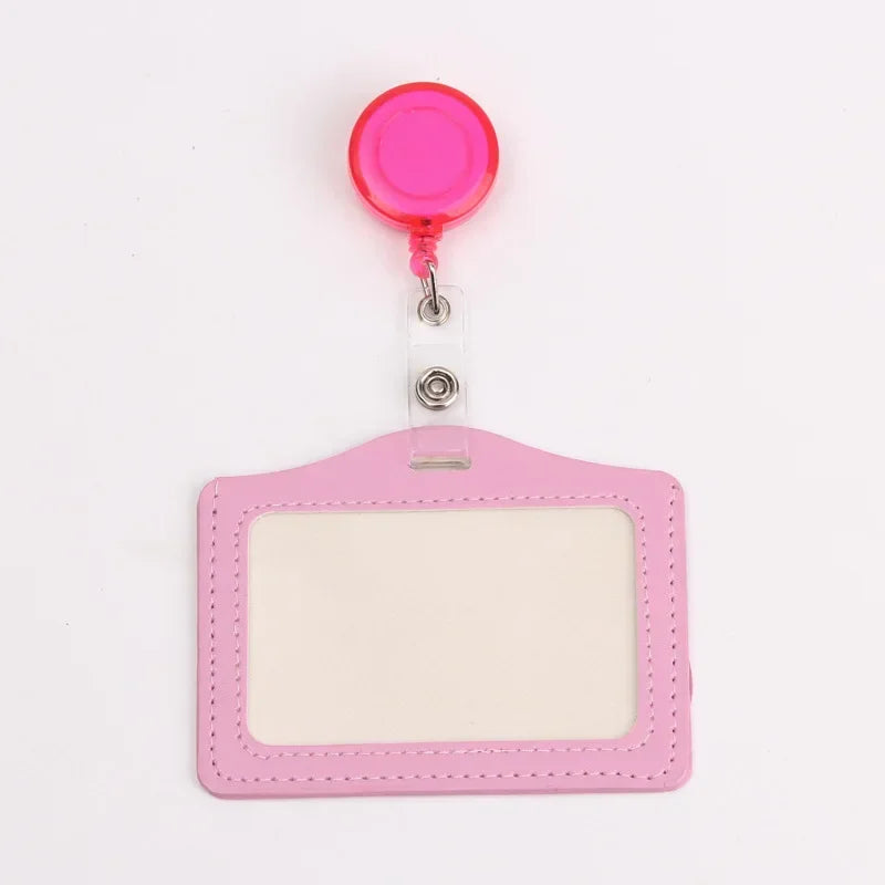 Pink PU leather retractable ID card holder with a pink reel and clear plastic badge case