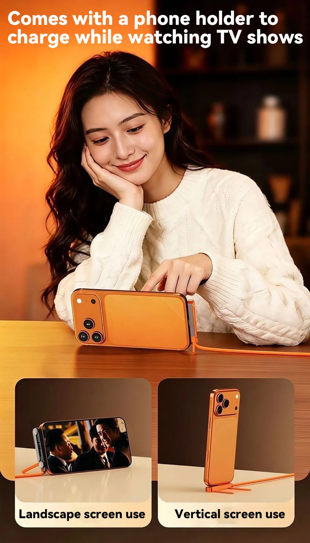 A woman is shown watching TV while using a phone holder to charge her phone.