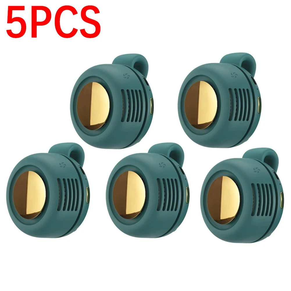 Five teal portable mini blade-less electric fans shown individually.