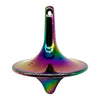 A shiny, iridescent metal hand spinning top fidget toy with a pointed base.
