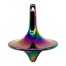 Jouet anti-stress en forme de toupie métallique iridescente à base pointue.