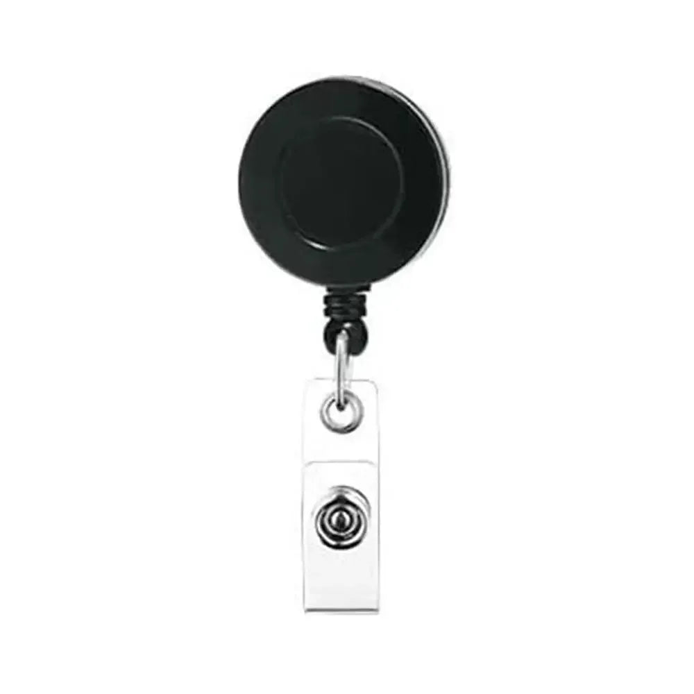 A black retractable acrylic nurse ID badge holder with a silver clip.
