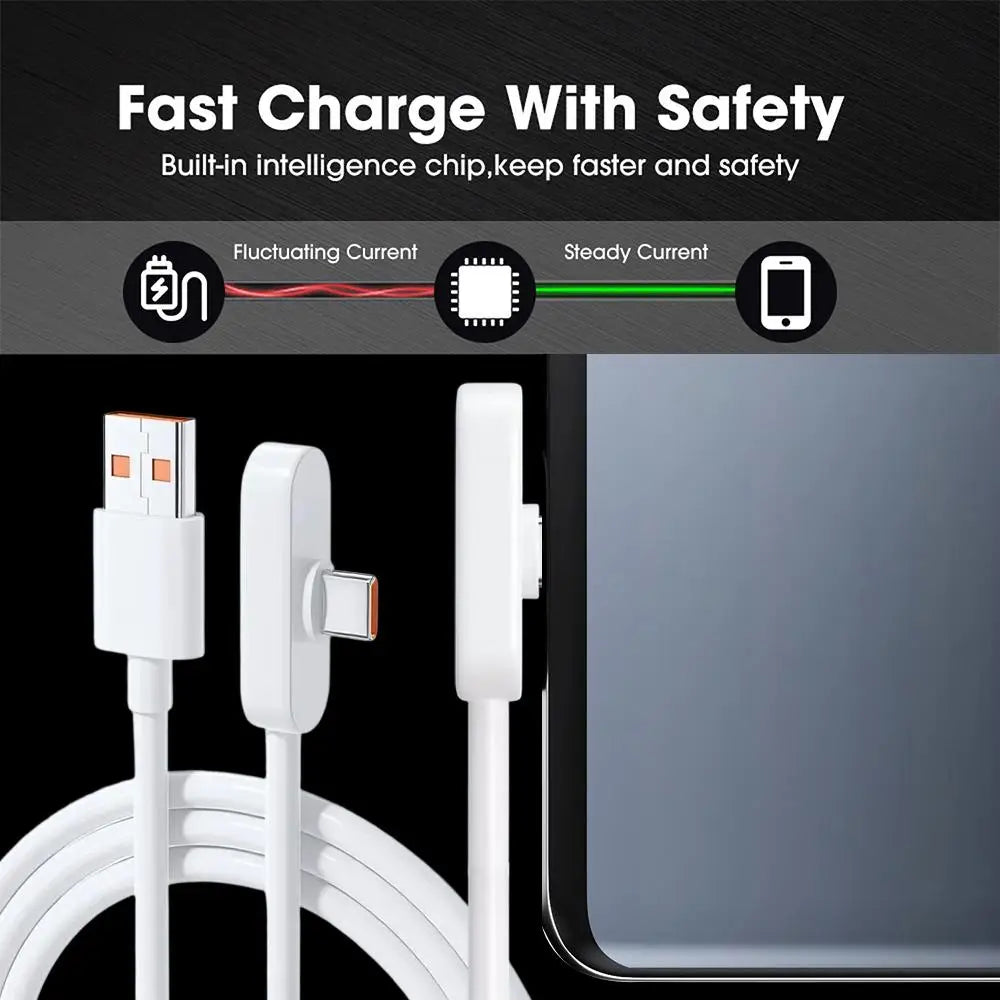 A white Type-C charging cable is shown next to a smartphone and a power adapter, illustrating fast charge with safety feature