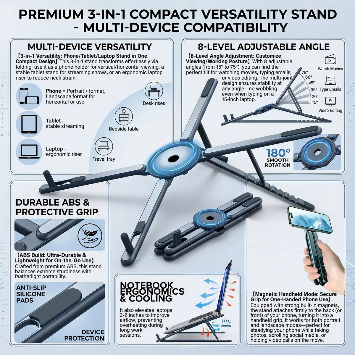 A multi-device versatility stand featuring foldable magnetic arms for holding phones, tablets, and laptops.