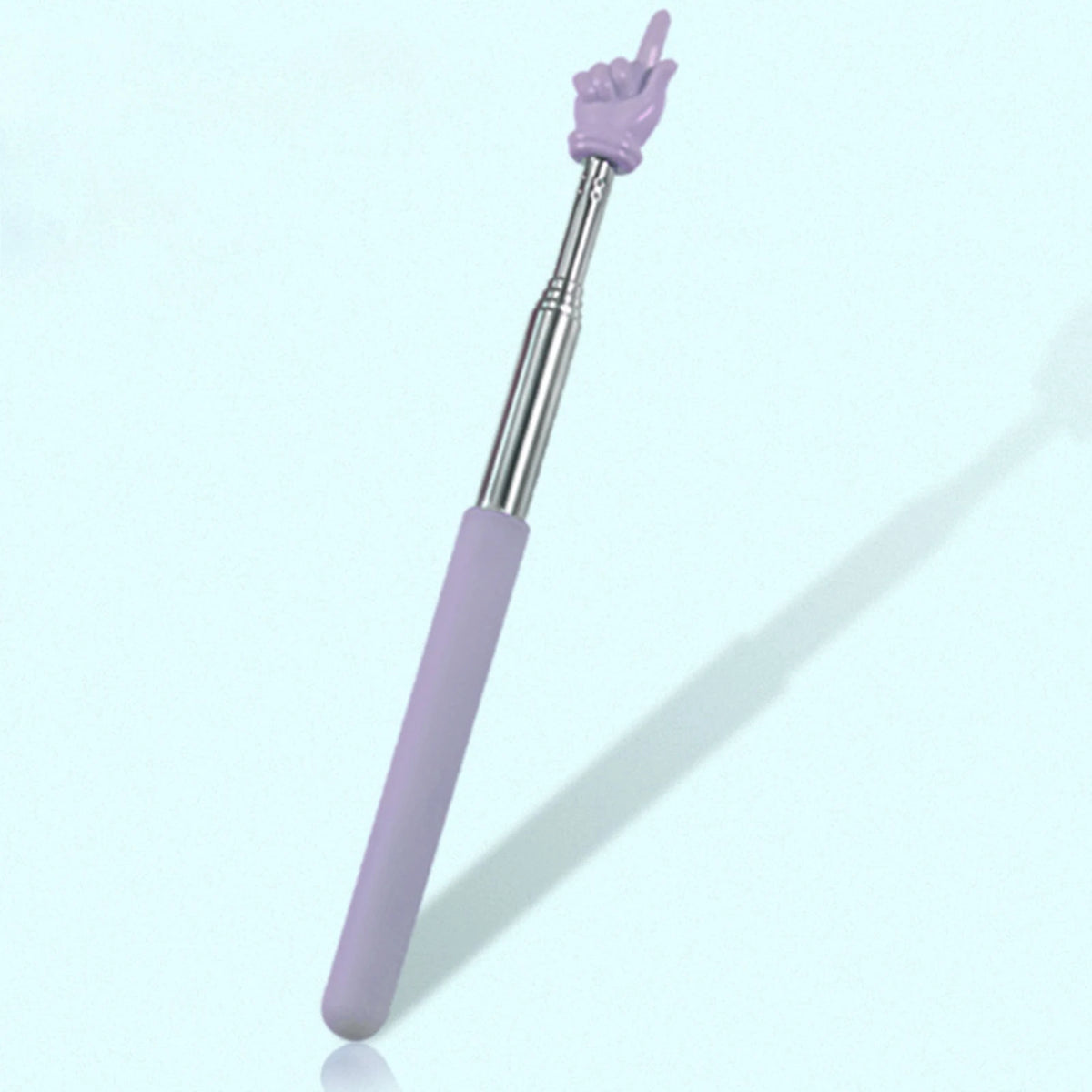 A purple retractable teacher pointer stick with a hand gesture at the tip.