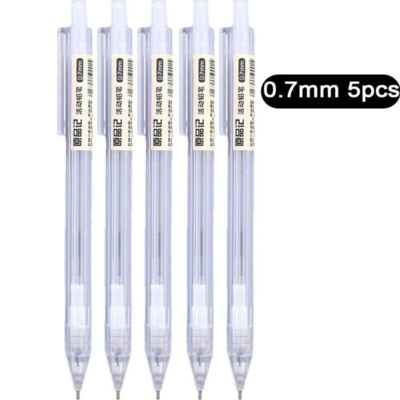 A set of 5 clear plastic mechanical pencil tips, 0.7mm size, packaged for writing.