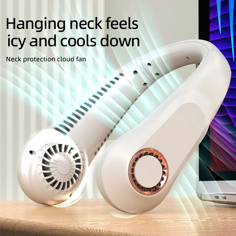 A white bladeless neck protection cloud fan is shown resting on a wooden surface.