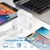 محول طاقة عالمي USB-C أبيض بجوار أجهزة إلكترونية مثل هاتف وحاسوب وكاميرا.