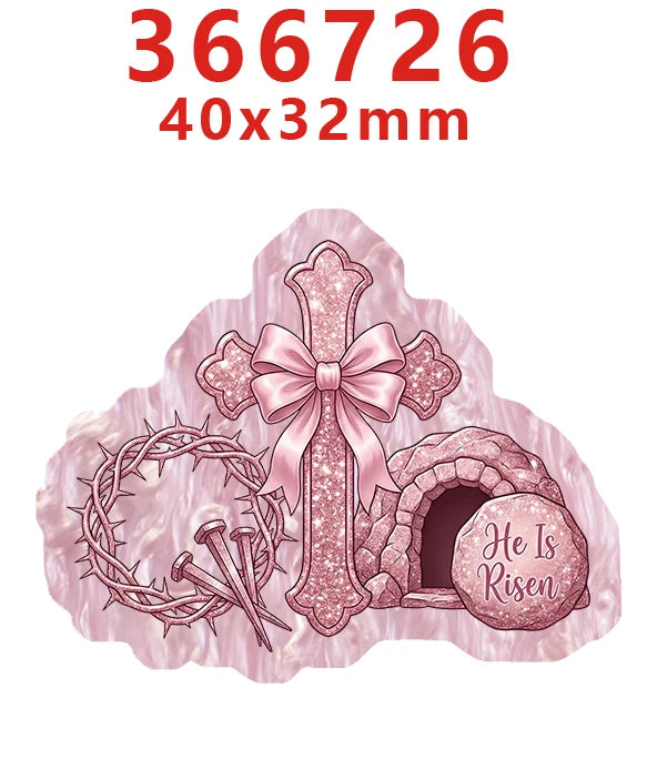 A pink glitter cross and wreath design on a translucent acrylic background.