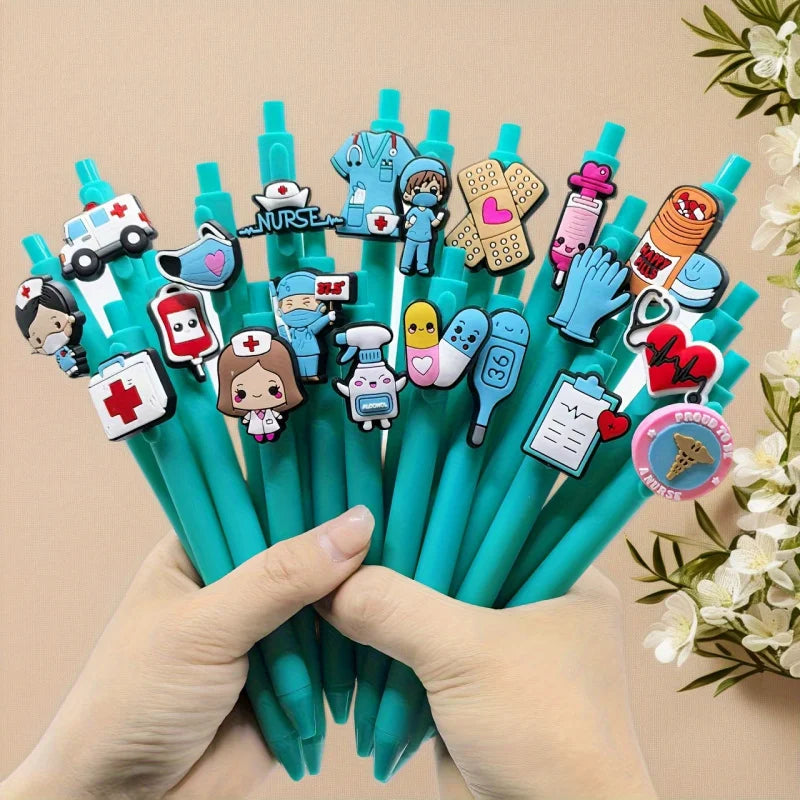 A hand holds a pack of medical theme ballpoint pens featuring various nurse and medical symbols.