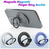 A close-up view of a silver magnetic finger ring buckle attached to an iPhone case.