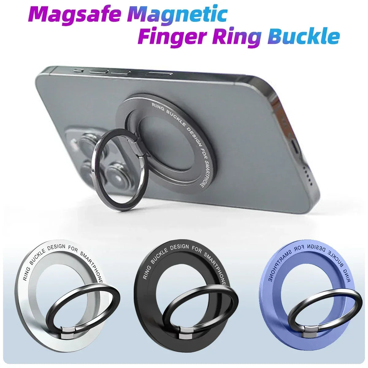 A close-up view of a silver magnetic finger ring buckle attached to an iPhone case.