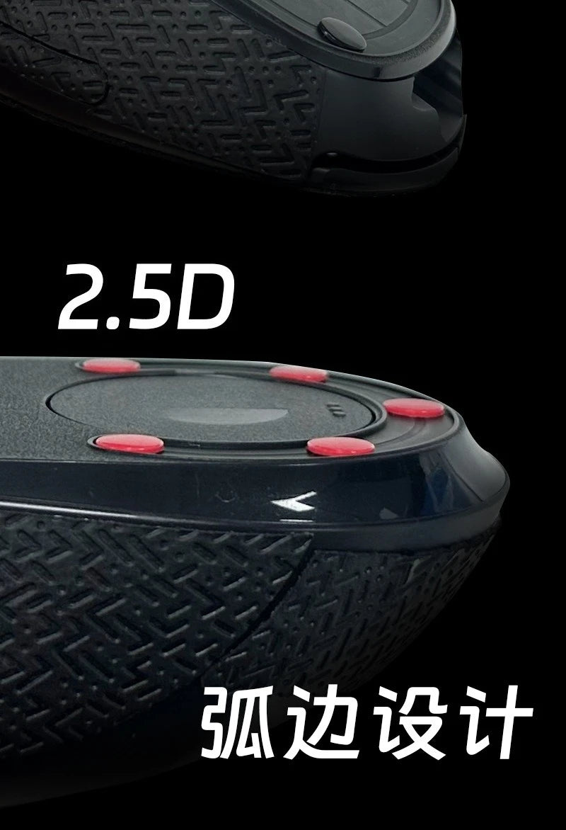 Close-up view of a black PTFE mouse skate featuring adhesive red dots for smooth gliding.