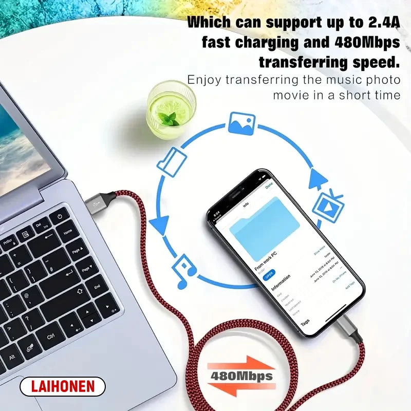 A Lightning cable is shown connecting a laptop to a smartphone, illustrating fast charging and data transfer capabilities.