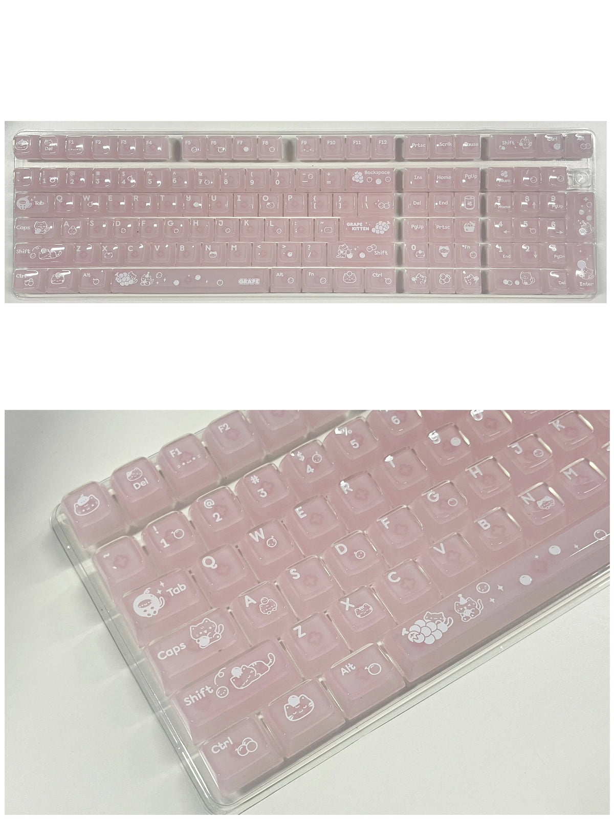A close-up view of translucent pink ice crystal mechanical keycaps for Cherry MX switches arranged in a tray.