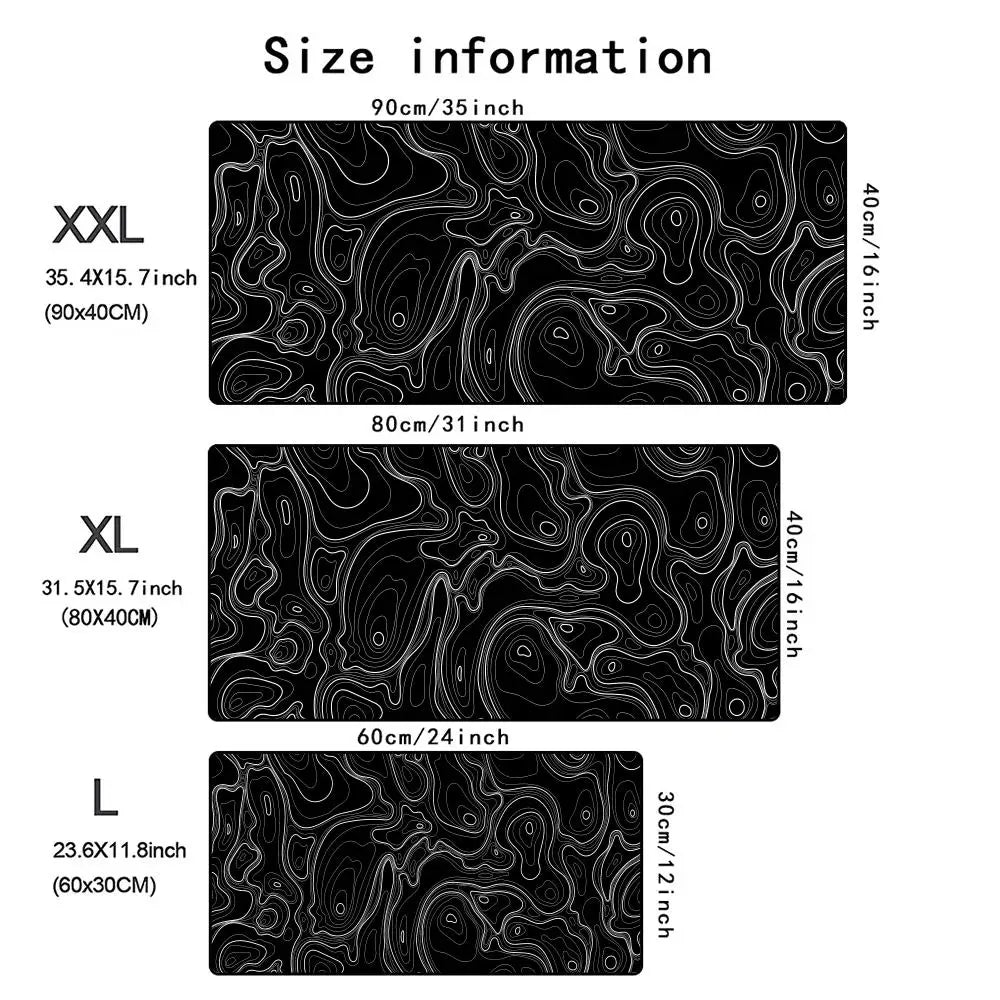 A set of black and white topographic map size information showing XXL, XL, and L dimensions in centimeters and inches.