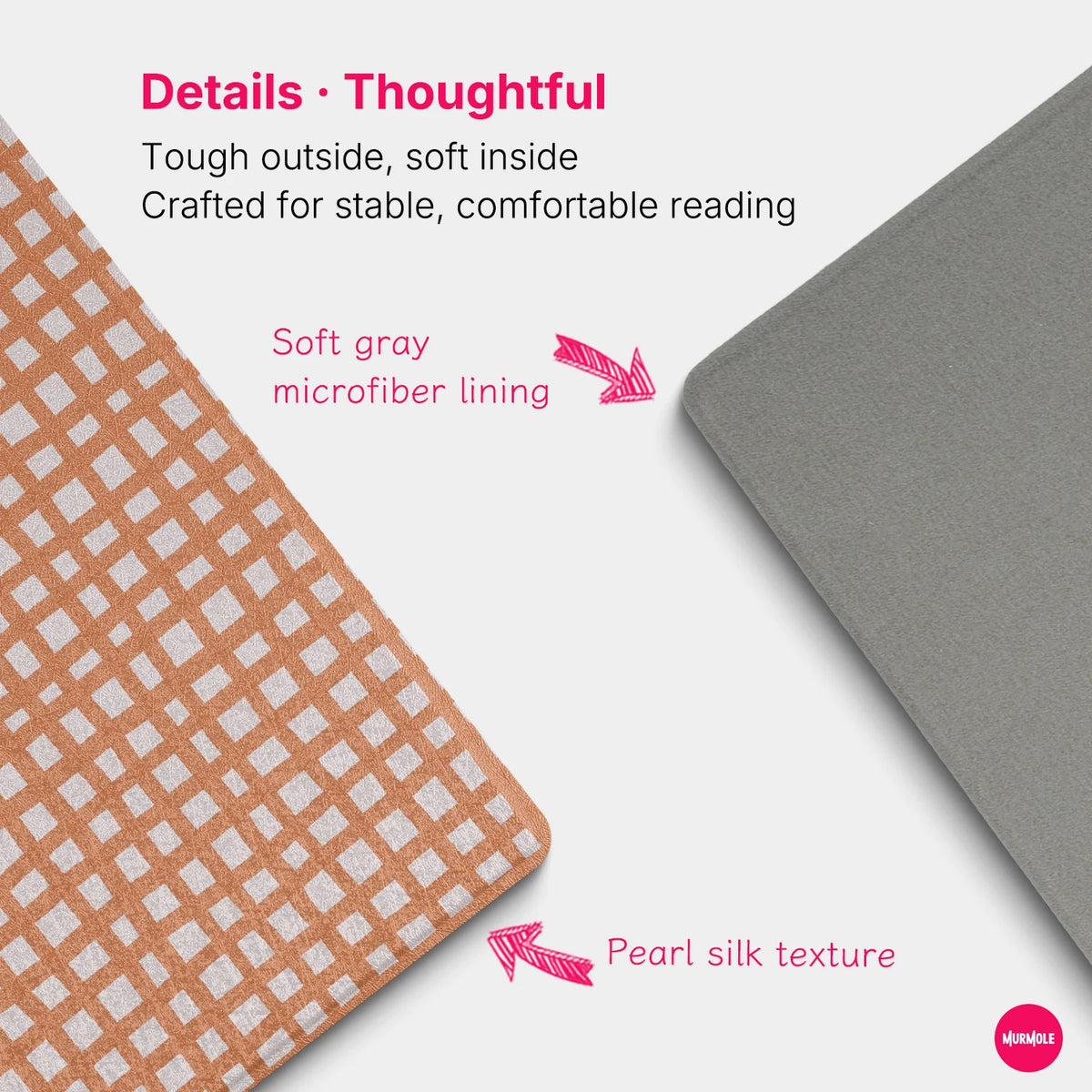 Close-up of a soft gray fabric magnetic folio cover with a pearl silk texture and a woven stripe pattern.