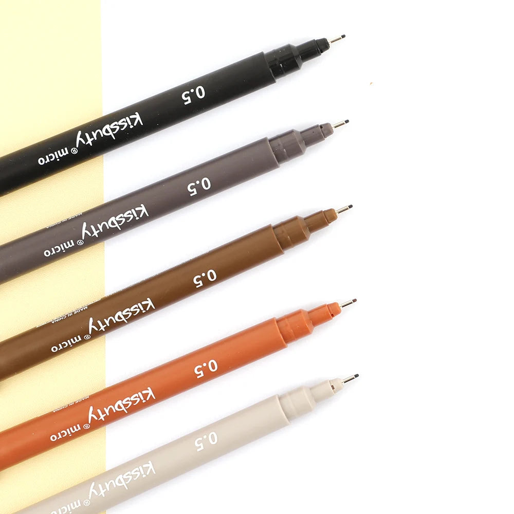 A collection of five micro-pen fineliner pens in various colors including black, gray, brown, orange, and beige.