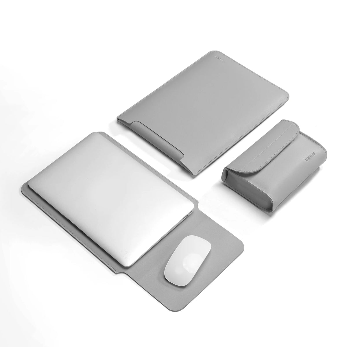 Grauer Premium-PU-Laptop-Hüllen mit weißem Laptop und passender Schutzhülle.