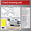 A set of drawing suit includes a transparent box with various drafting tools like compasses, rulers, and pencils.