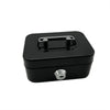 Black metal key lock cash box with a silver handle and locking mechanism.