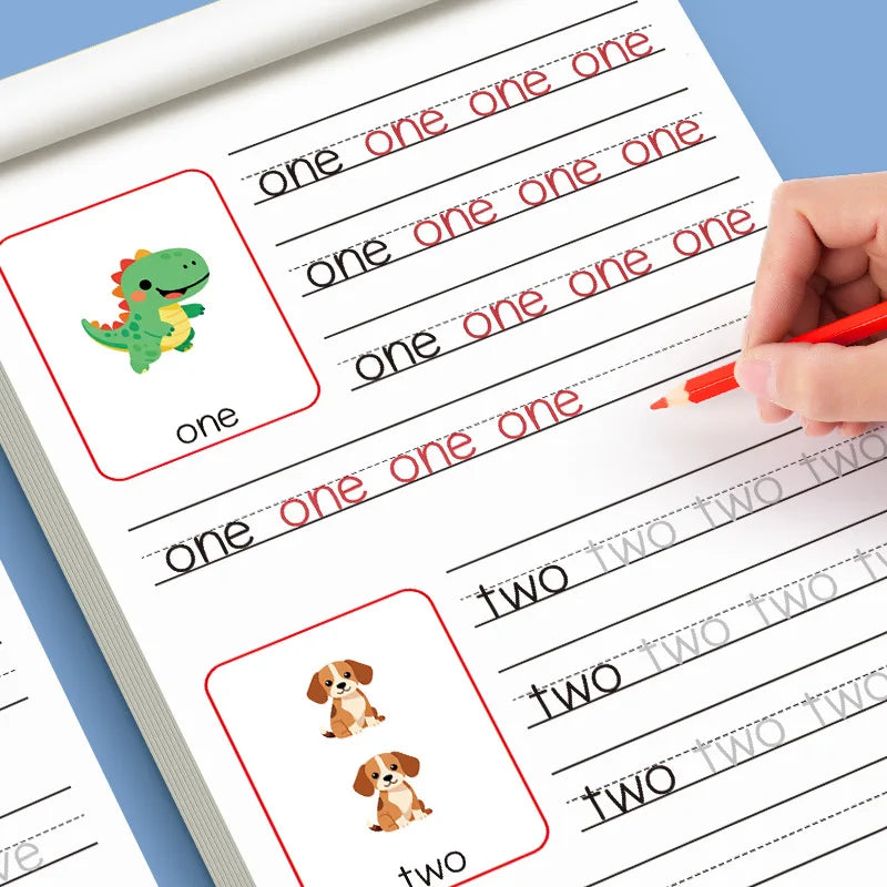 A page from a learning workbook showing tracing practice for numbers and letters with illustrations of a dinosaur and dogs.