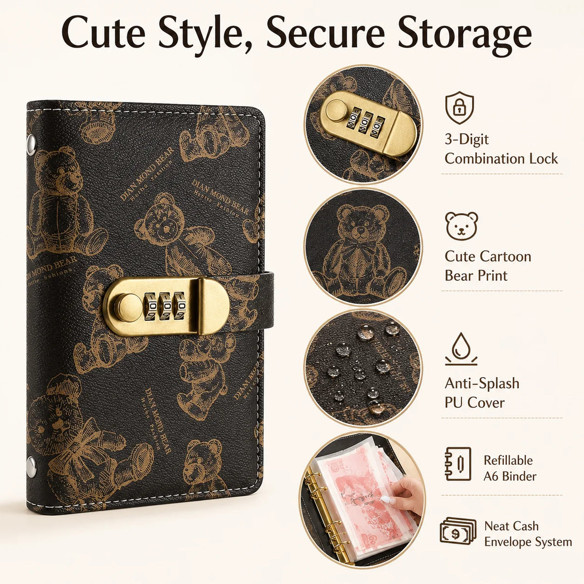 Couverture de carnet noir avec motif ours dessin animé, serrure à combinaison dorée et système d'enveloppe-billets.