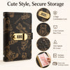 A black leather notebook with a gold clasp featuring a cute cartoon bear print and a combination lock.