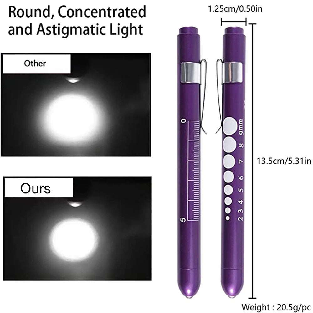 Linterna médica morada con haz de luz redondo, concentrado y astigmático.