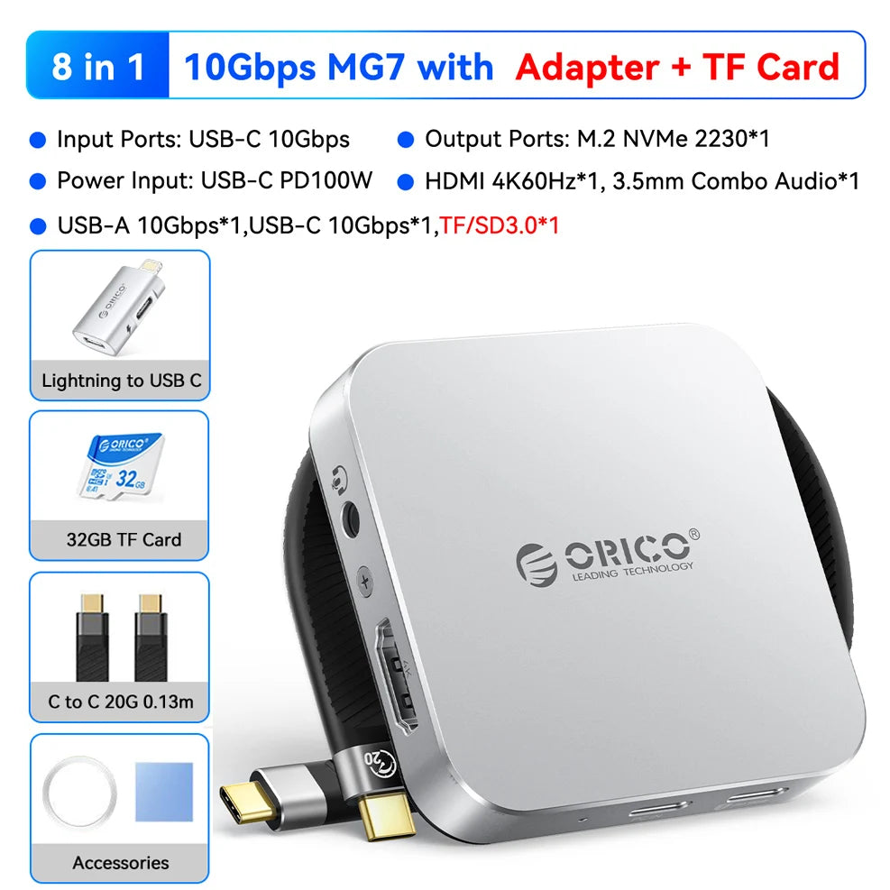 A silver high-speed NVMe SSD to USB hub dock with various adapters and connectors.