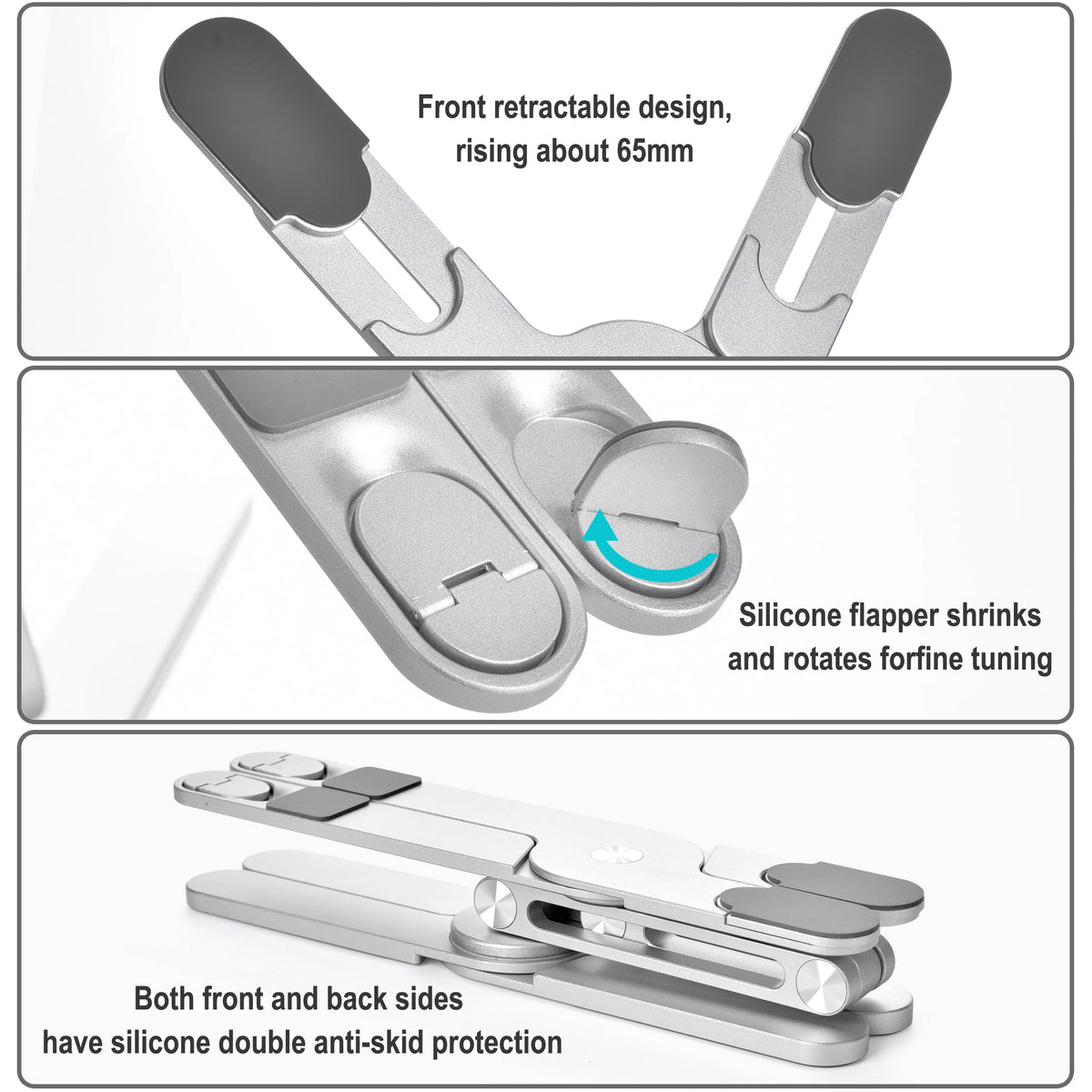 A silver laptop stand showing its front retractable design and silicone anti-skid protection features.