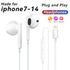 White wired earphones designed for iPhone 7-14, featuring a plug and play connection.