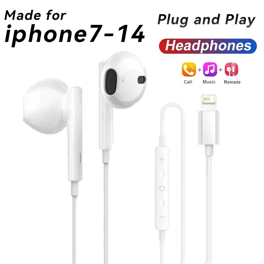 White wired earphones designed for iPhone 7-14, featuring a plug and play connection.