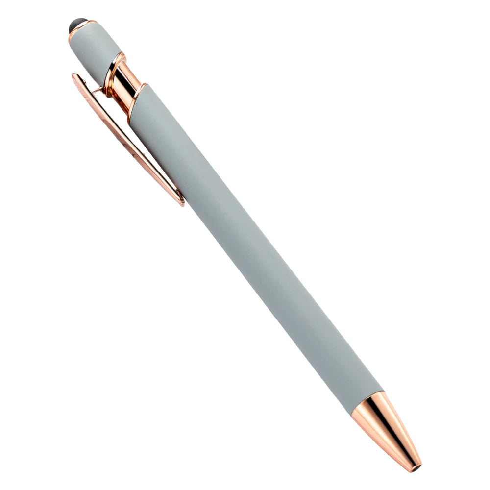 A silver gray retractable stylus and ballpoint pen with gold accents.