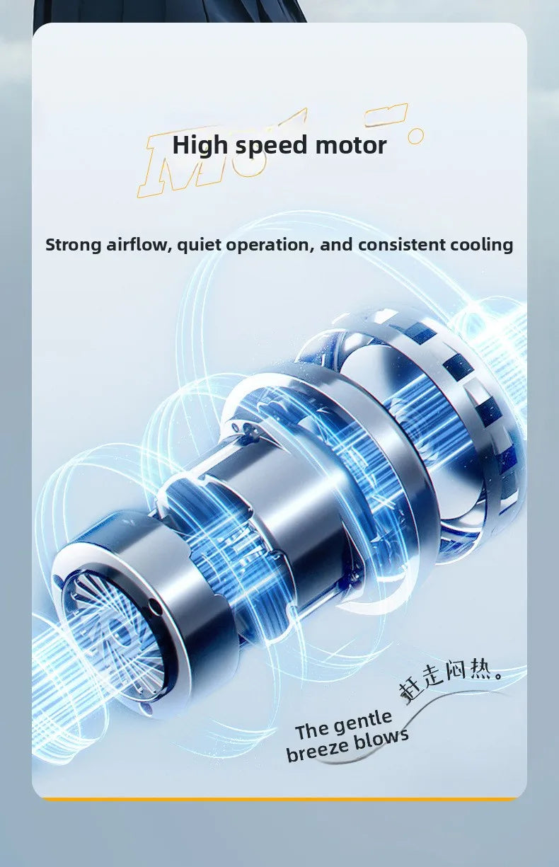 Close-up of a portable mini fan motor showing blue airflow and cooling effects.