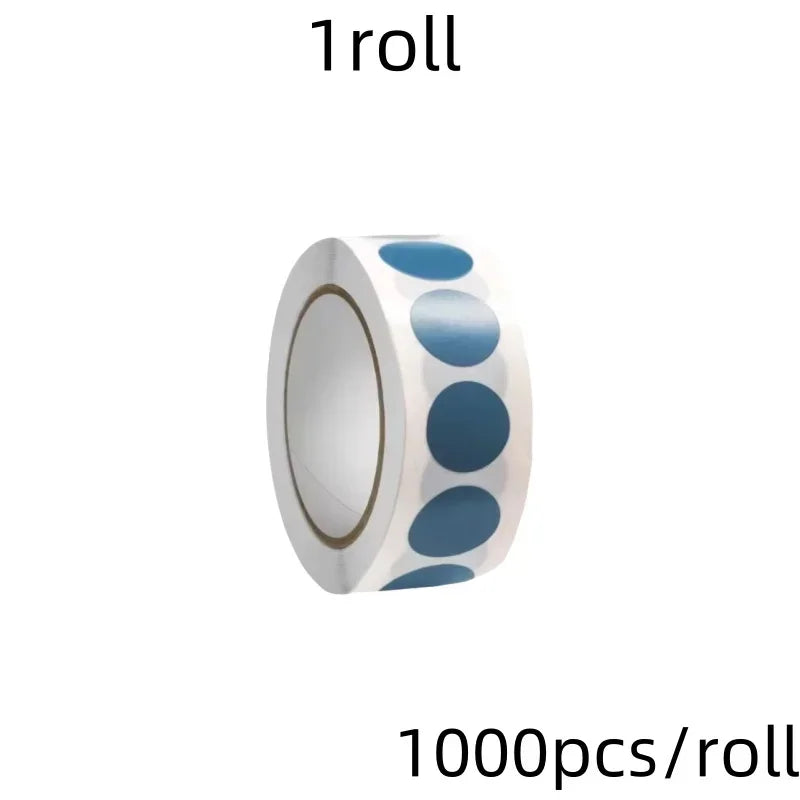 A roll of round assorted color dot labels for organization, showing a cylindrical product with blue and white dots.