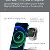 Almohadilla de carga inalámbrica mostrando un iPhone, Apple Watch y auriculares Bluetooth cargando simultáneamente.