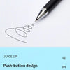 A black pen is drawing a spiral line on white paper, demonstrating the convenient push-button design of the Juice Up pen.