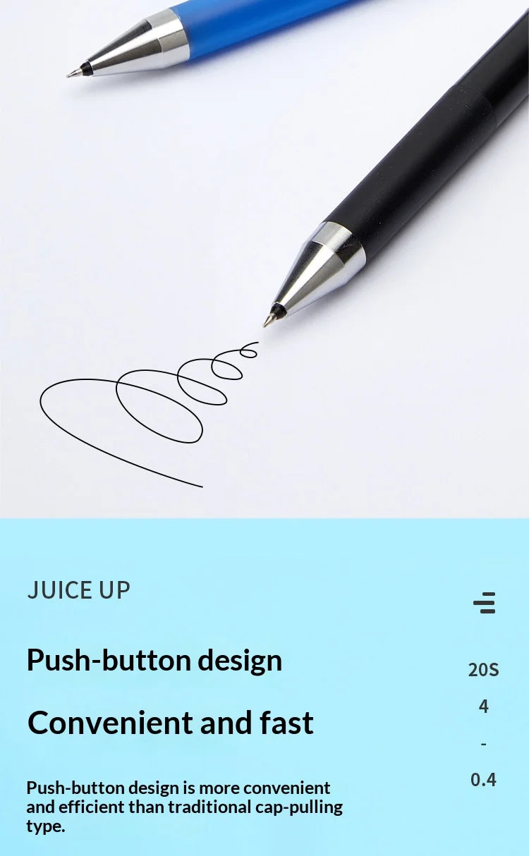 A black pen is drawing a spiral line on white paper, demonstrating the convenient push-button design of the Juice Up pen.