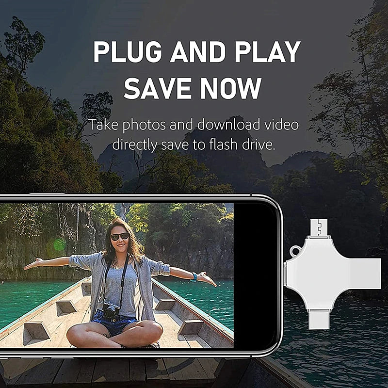 A woman is taking a photo with a smartphone while sitting in a boat, with a USB flash drive visible nearby.
