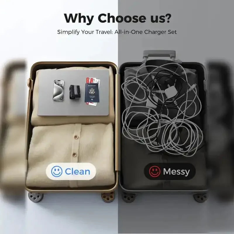 A comparison showing a clean all-in-one charger set in a light case versus a messy one in a dark case.