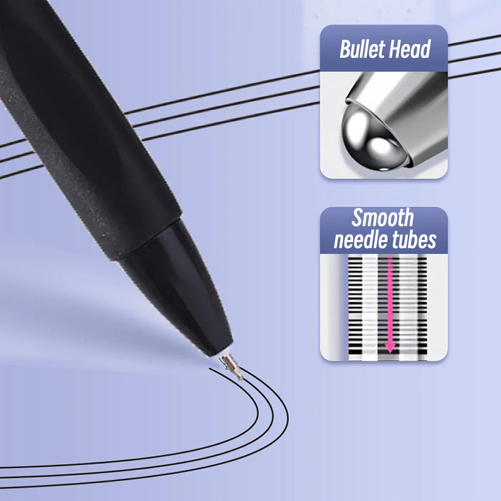 A black fine point ballpoint pen is shown with a bullet head and smooth needle tubes.