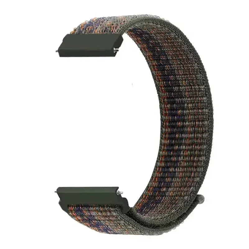 A close-up view of a dark gray nylon loop watch strap with a black buckle, showing the flexible band material.